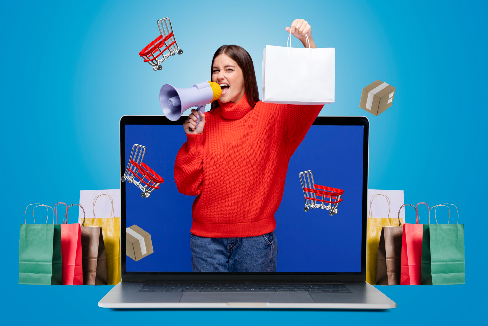 woman with loudspeaker and shopping bag