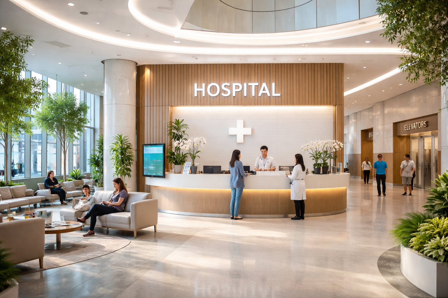 Modern hospital lobby with bright design
