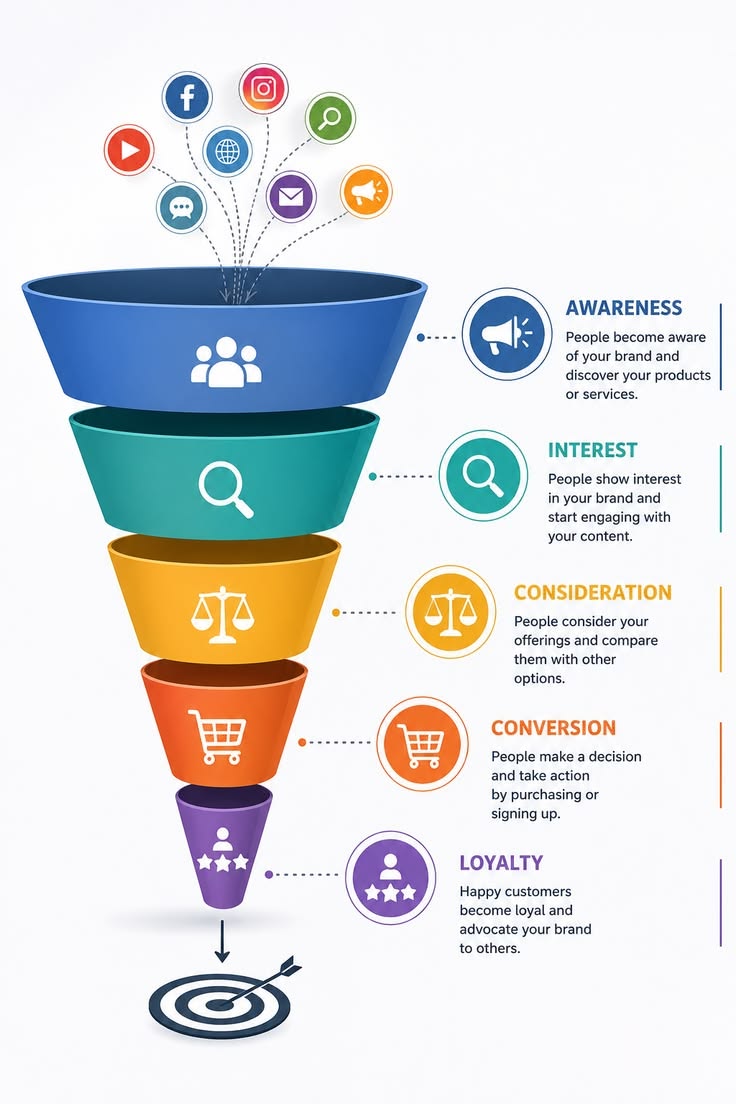 Funnel marketing customer journey showing awareness, interest, consideration and conversion stages